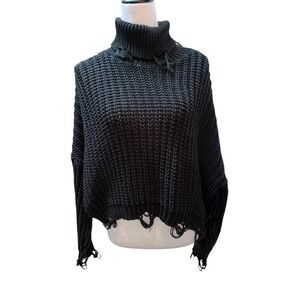 PrettyLittleThing Black Distressed Turtleneck Waffle Knit Cropped Sweater M
